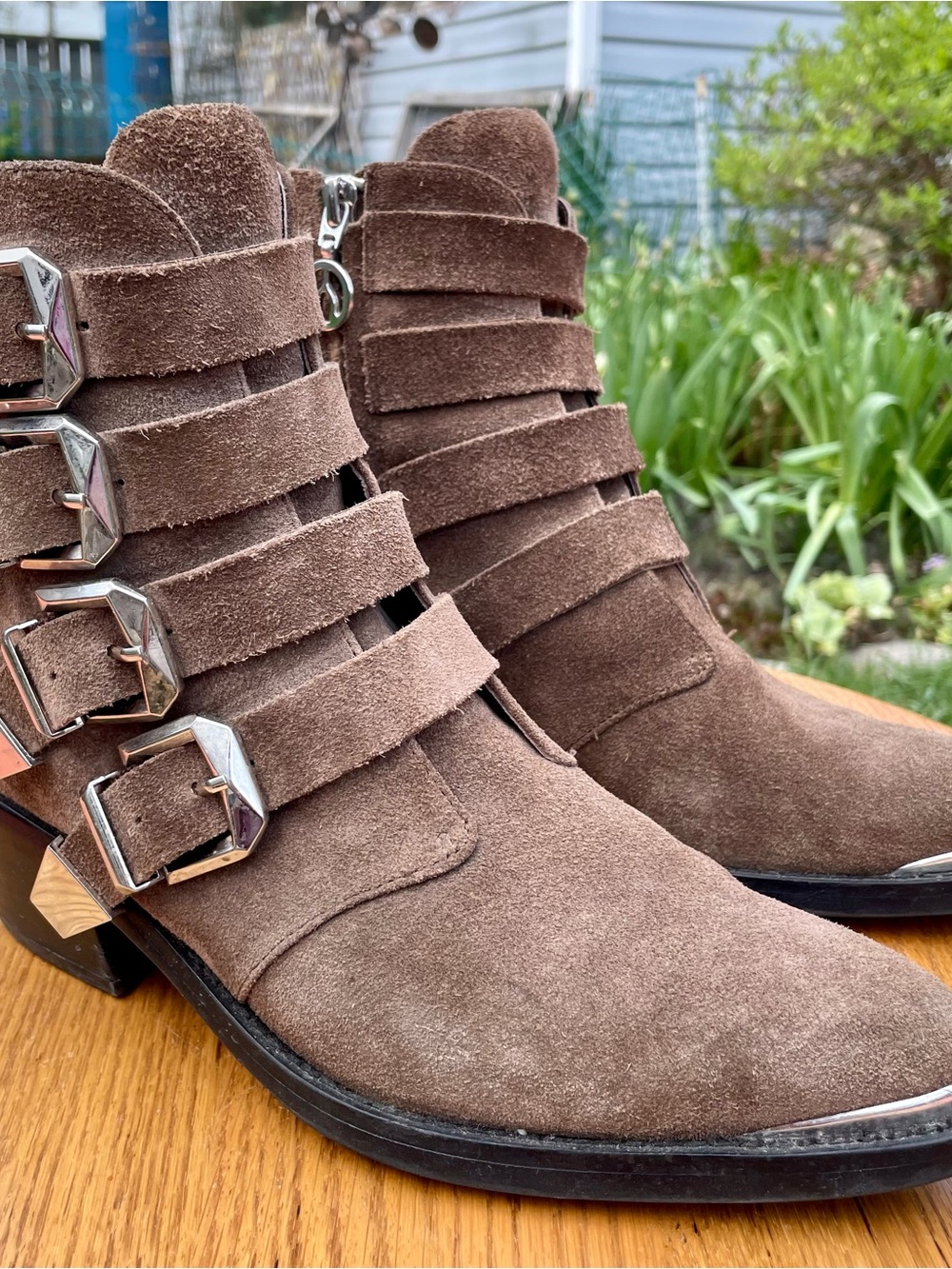 Wishbone Brown Suede 4 Strap  Heeled Ankle Boots